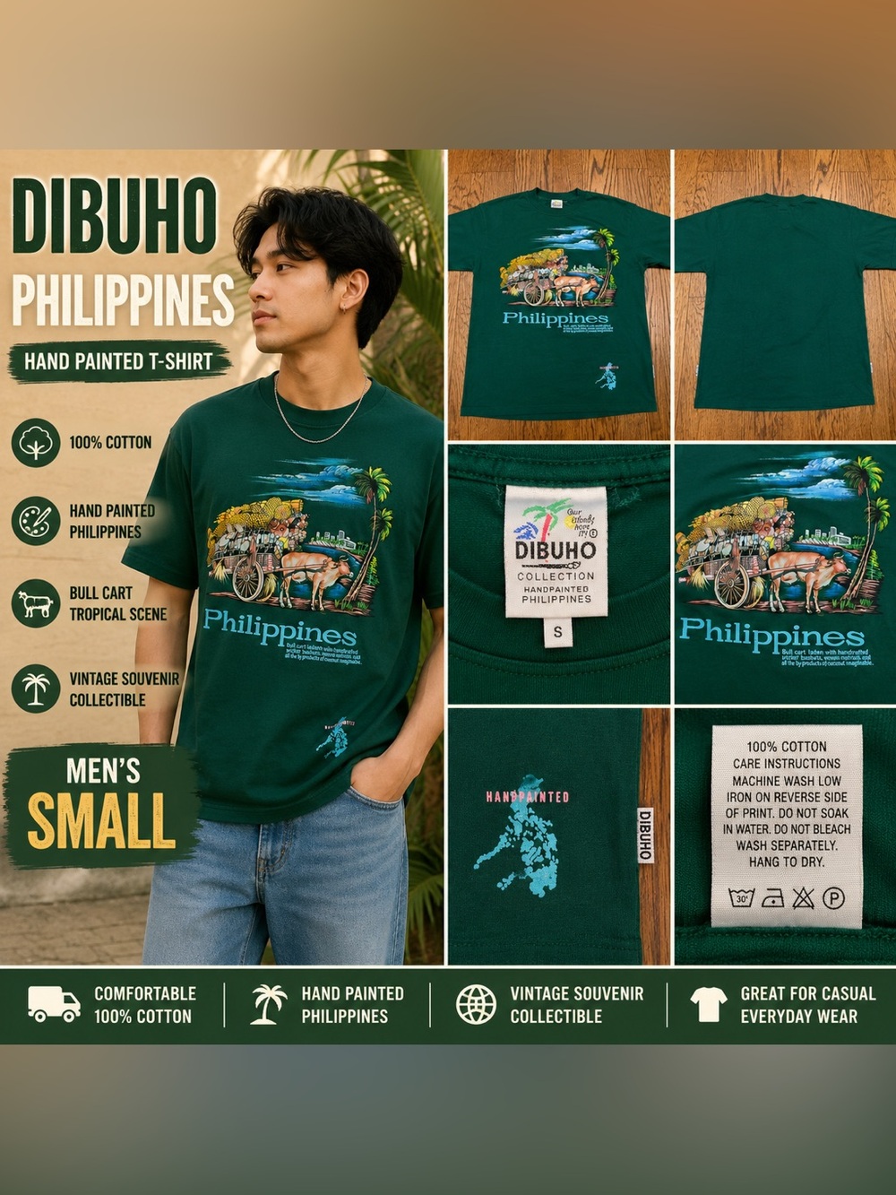 Vintage Dibuho Philippines Hand Painted Graphic T-Shirt Green Men’s Small
